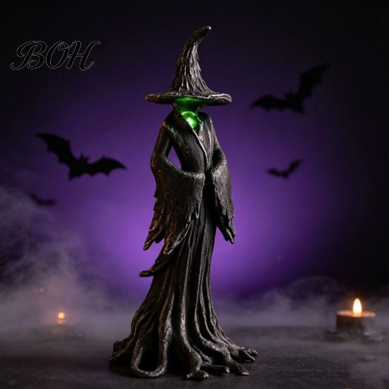 Resin Magic Figurine Halloween Witch Statue, LED Light Up Gothic Figurine, Haunted House Prop Dark Fantasy Mysterious Sculpture for Desktop Bookshelf