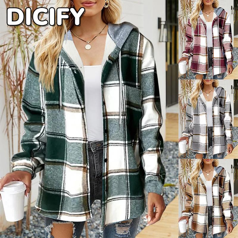 DICIFY Женские винтажные повседневные однотонные куртки и пальто с капюшоном с длинными рукавами и осенне-зимним принтом