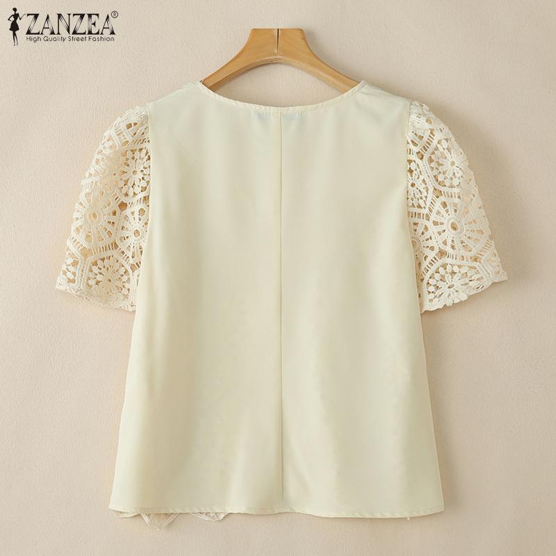 ZANZEA Женская повседневная кружевная блузка в стиле пэчворк с коротким рукавом на лето