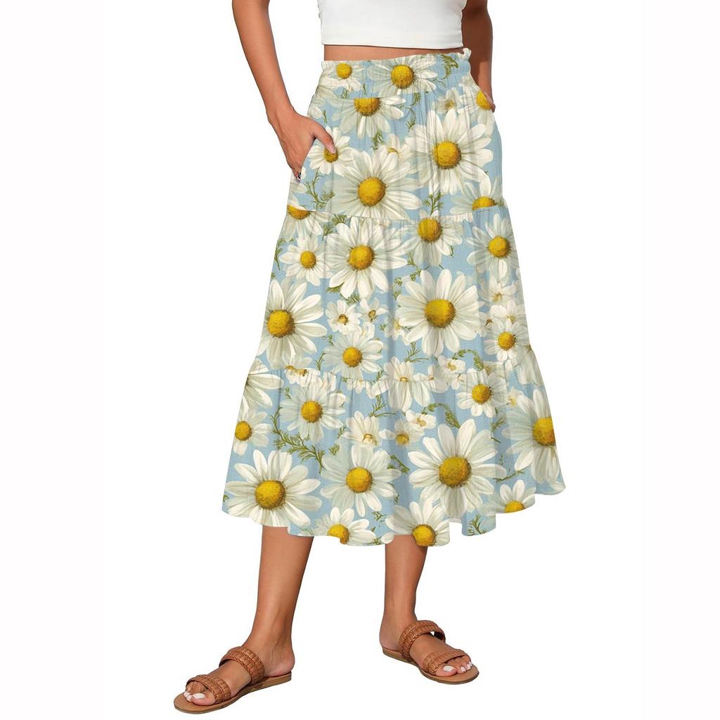 Women's Flowy Flared Ruffle Hem A Line Maxi Skirts Elastic Waist Elegant Tiered Layer Boho Long Skirts