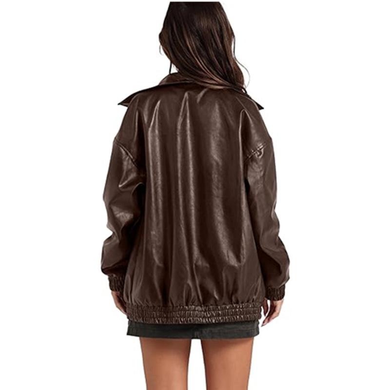 Женская кожаная куртка с длинным рукавом, лацканами, молнией, боковыми карманами, повседневное пальто