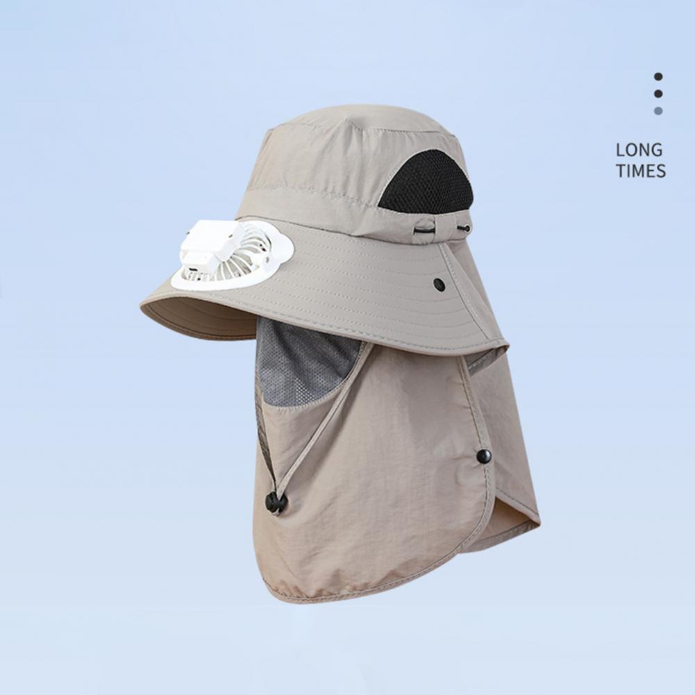 Men Solar Fan Hat with Face And Neck Cover USB Rechargeable Fan Large Brim Hollow Mesh Windproof Strap Anti-UV Sunlight Protecti
