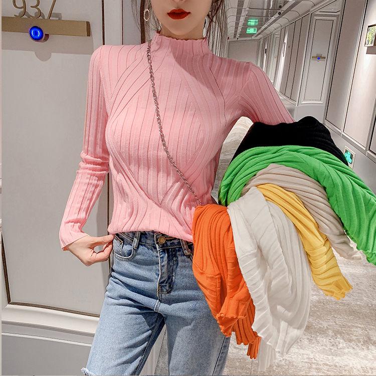 Рубашка снизу с полувысоким воротником, женская осенне-зимняя пуловер в Корейском стиле, трикотаж, узкие топы с длинными рукавами
