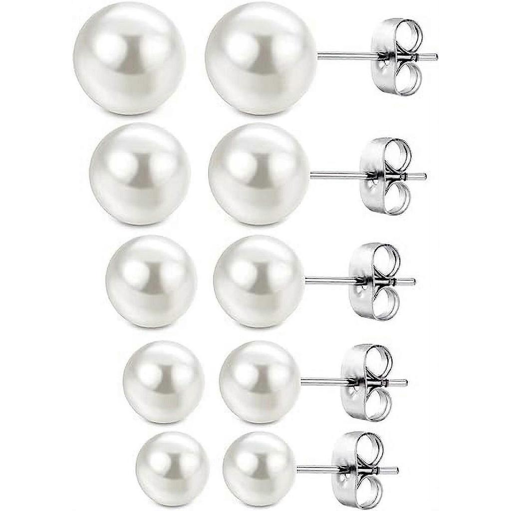 5 Pairs Round Ball Pearl Beads Stud Earrings Faux Pearl Earring for Women, White