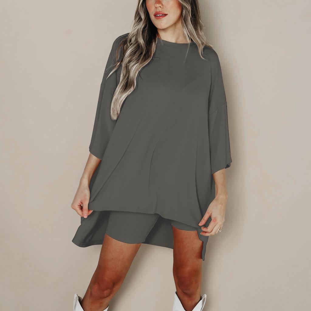 Женский летний комплект из 2 предметов с круглым вырезом и короткими рукавами, с заниженными плечами, топ для больших детей и узкие байкерские шорты для йоги, комплект