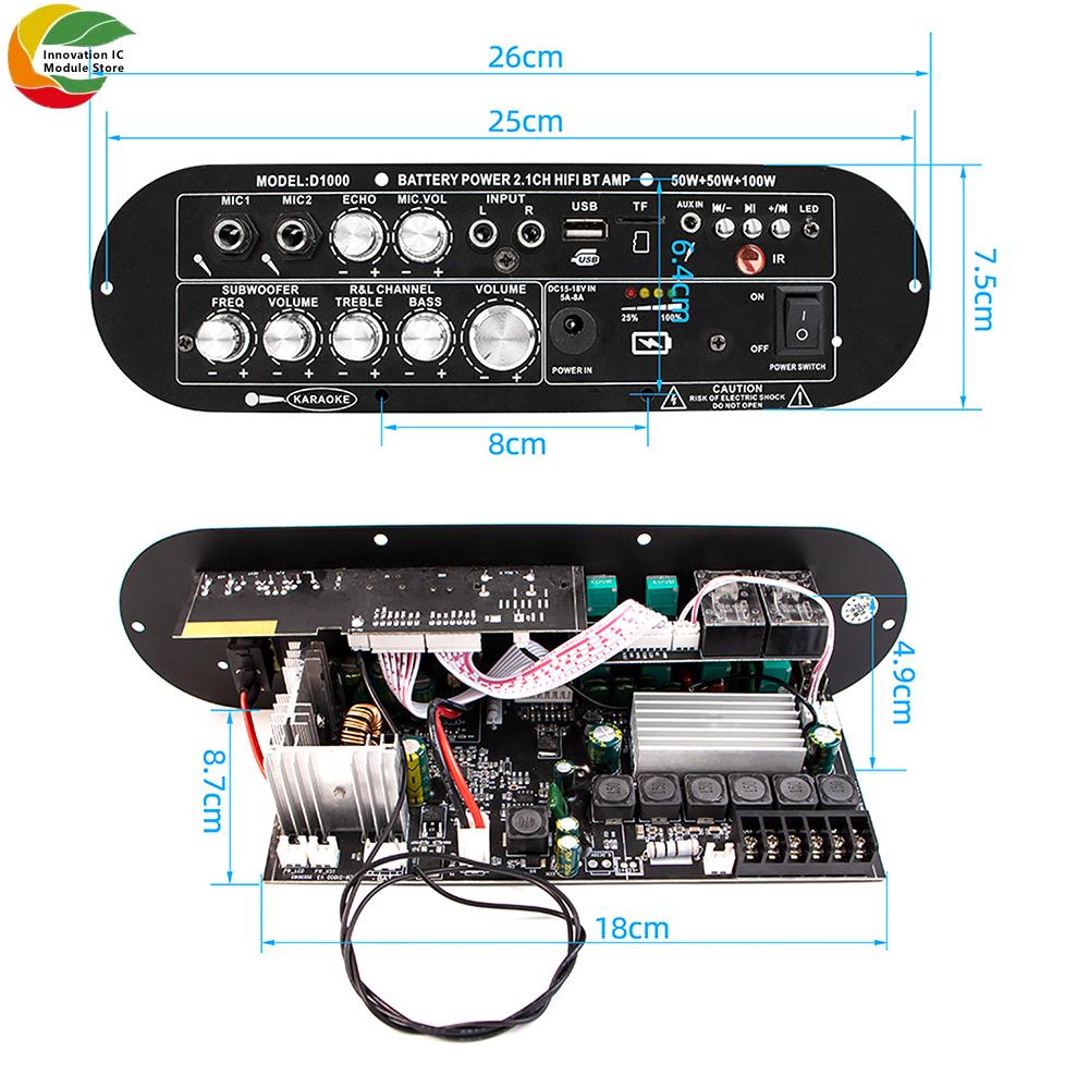 Цифровая плата усилителя Bluetooth для сабвуфера, высокая мощность, DC15-18V, 50W+50W+100W, 2.1-канальный, модуляция высоких и низких частот, D1000
