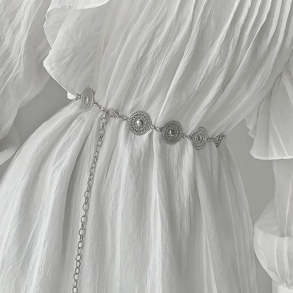 Женский металлический пояс с круглыми вырезами, золото, серебро, резной, длинный, регулируемая цепочка, элегантный, для платья, пальто, декоративный ремешок