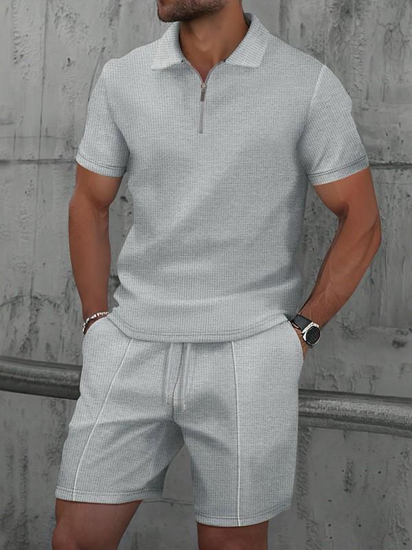 Men's Trendy Waffle Texture Lapel Polo and Shorts Set - Casual Sportswear, Short Sleeve Outfit