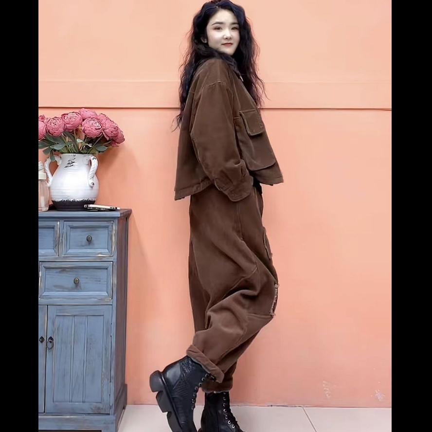 Plus Velvet Thickened Casual Suit Women's Autumn and Winter Fashion Super Thick Warm Short Jacket Harem Pants Two-piece Suit