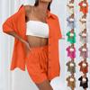 Summer Women's Solid Color Short-sleeved Shirt Top Casual Elastic Tie Front Pocket Shorts Sports Casual Wind Loose Soft Two-piece Set