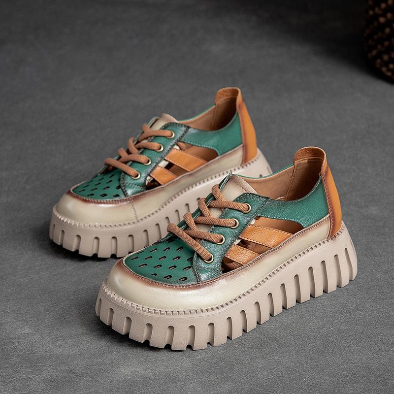 Johnature Сандалии из натуральной кожи разных цветов на толстой подошве в стиле ретро, ​​женские туфли на плоской платформе в римском стиле на шнуровке