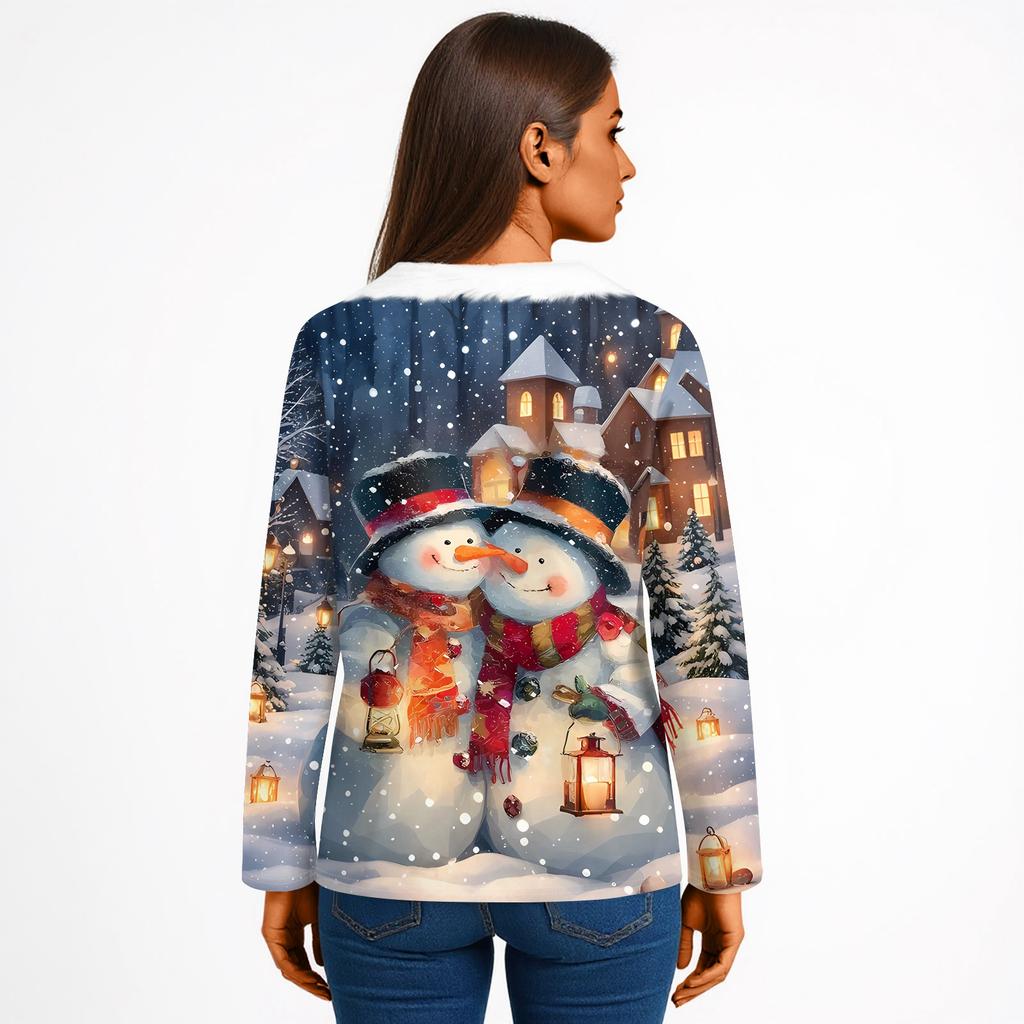 Женская футболка с рождественским принтом, вечерние рубашки с длинным рукавом, рождественский флисовый воротник, топ с v-образным вырезом