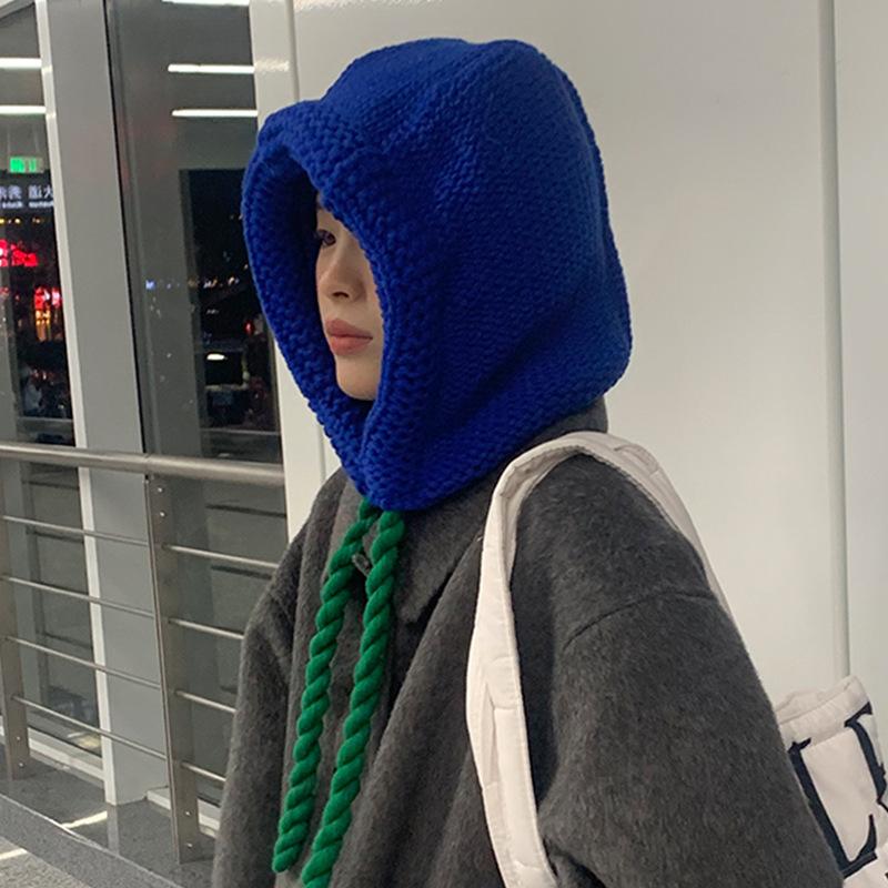 South Korea's new ins balaclava hat, ear protection, warm knitted pullover hat, thick thread, blue wool hat, men's Korea