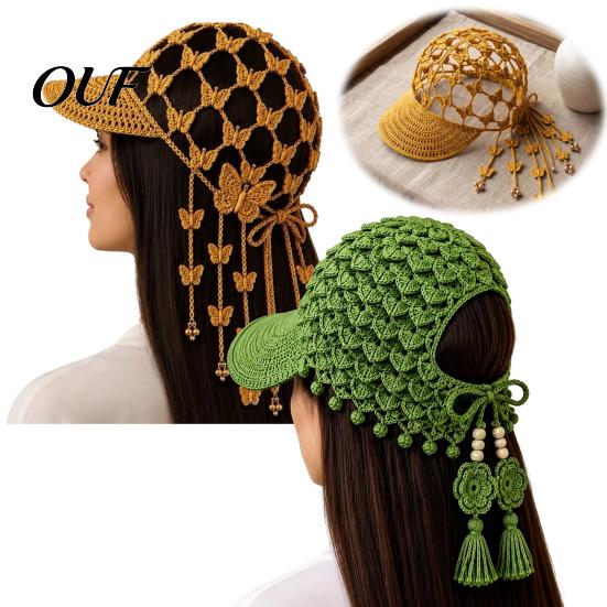 Boho Crochet Baseball Cap Cap, Knitted Hollow-Out Sun Hat, Breathable Knit Lightweight Yarn for Daily Wear Visor with Tassels Women Summer Beach