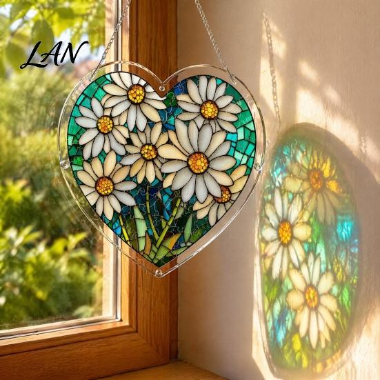Colorful Pattern Wall Hanging Acrylic Puzzle Suncatcher, Window Pendant, Heart Shape Stained Glass Realistic Effect Style Sun Catcher Decoration,