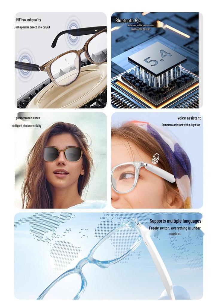 Unisex Smart Bluetooth Glasses with Color-Changing Lenses, Music, Calls & Anti-Blue Light for Office
