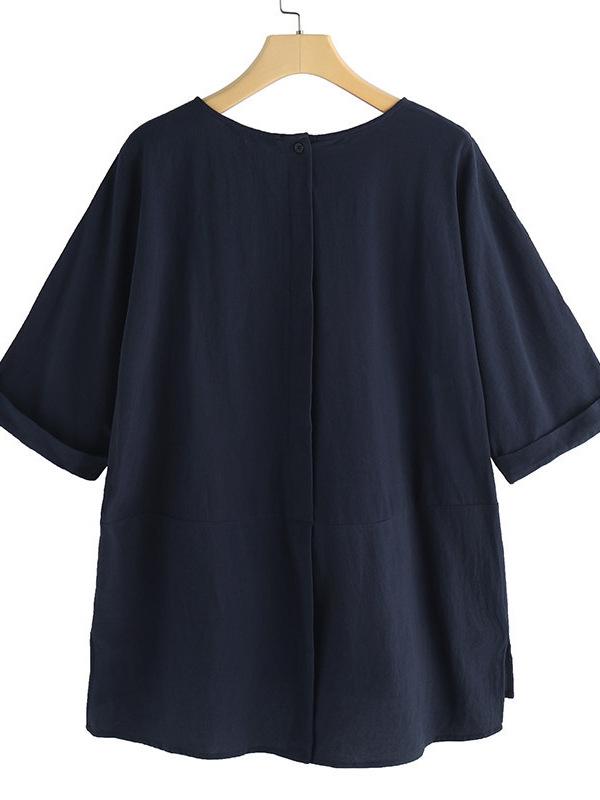 Хлопково-льняная блузка в корейском стиле с рукавами средней длины - Весна/Лето, Свободный крой, Круглый вырез, Хлопковая футболка с коротким рукавом