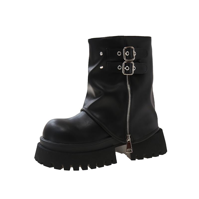 Обувь женская 2024 года, горячая распродажа, женские сапоги до середины икры, лаконичные современные сапоги, женские, с пряжкой на ремне, с круглым носком, со средним каблуком, с боковой молнией, женские