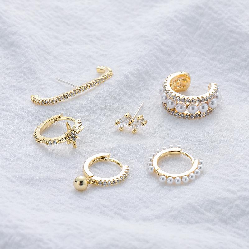 ANENJERY 6 шт./компл. серьги-кольца с имитацией жемчуга в виде звезды, комплект серег с микроцирконом, зажим для ушей, креативные вечерние ювелирные изделия, подарок