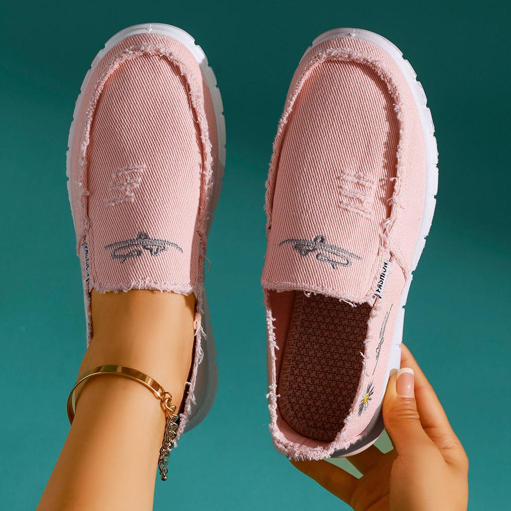 Women'S Casual Low-Top Sneakers with Washed Canvas & Daisy Design