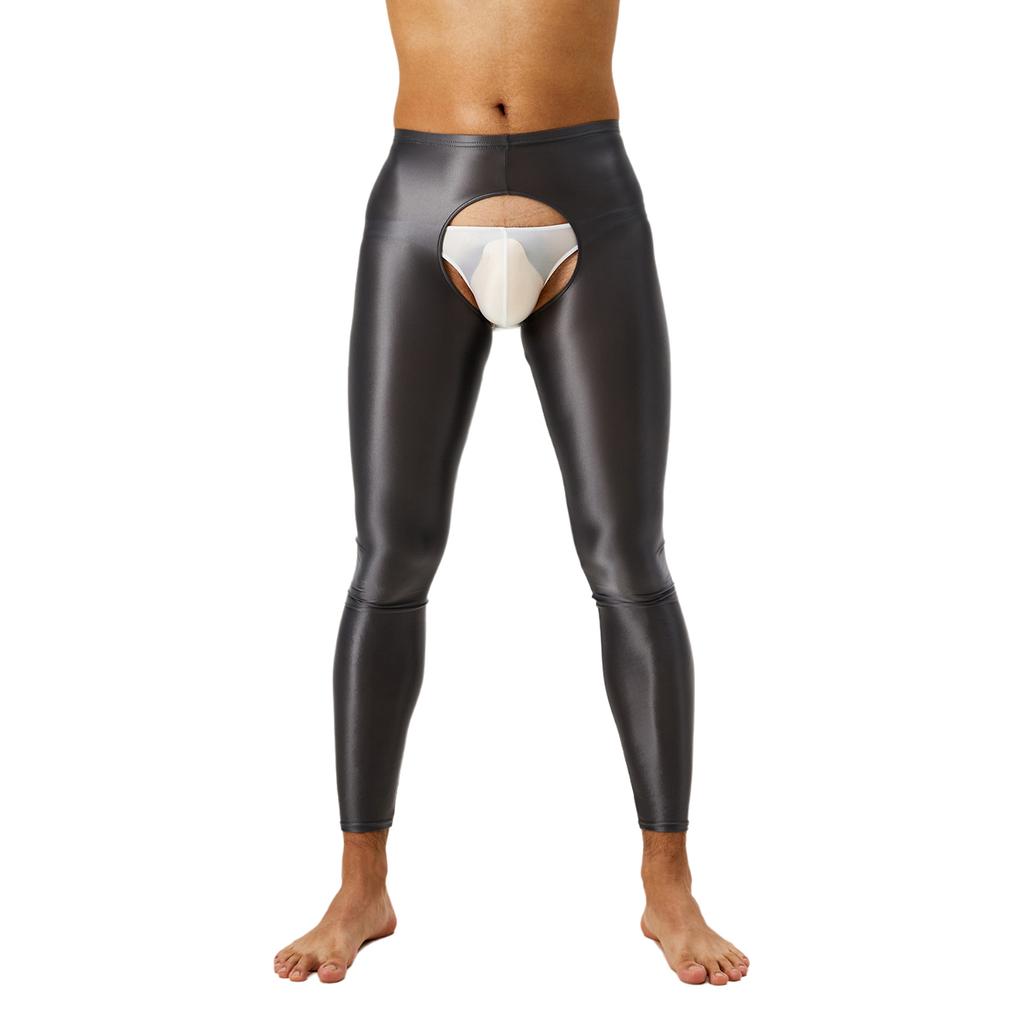 Mens Glossy Open Crotch Leggings Pants High Waist Slim Fit Tights Underwear Baselayer Pants for Nightclub Dance Wear
