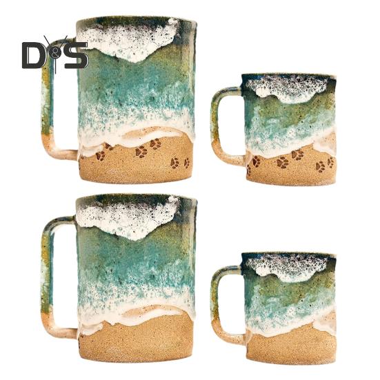 Paw Print Ocean Shoreline Mug Ceramic Coffee Cup Handmade Waves Pattern Tea Mug 11oz/15oz Sea Foam Claw Drinking Mug Beach Souvenir Gift