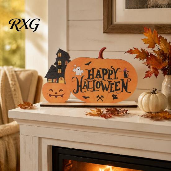 Halloween Table Sign Wooden Sign, Cute Pumpkin Boo Ghost Hand Painted Decor Tabletop Centerpiece for Indoor Mantel Fireplace Childlike Room Accent