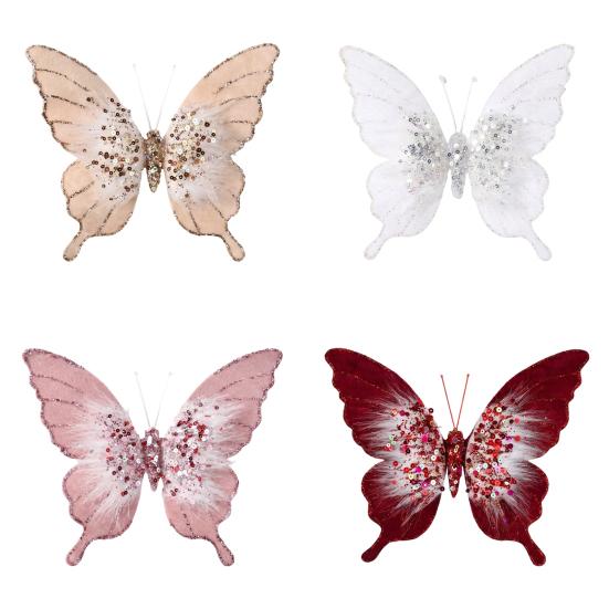 Pink Champagne Butterfly Decor Velvet Christmas Ornaments, Artificial Glitter Sequins Xmas Tree Sparkling Diamond Pendant Decoration for Holiday