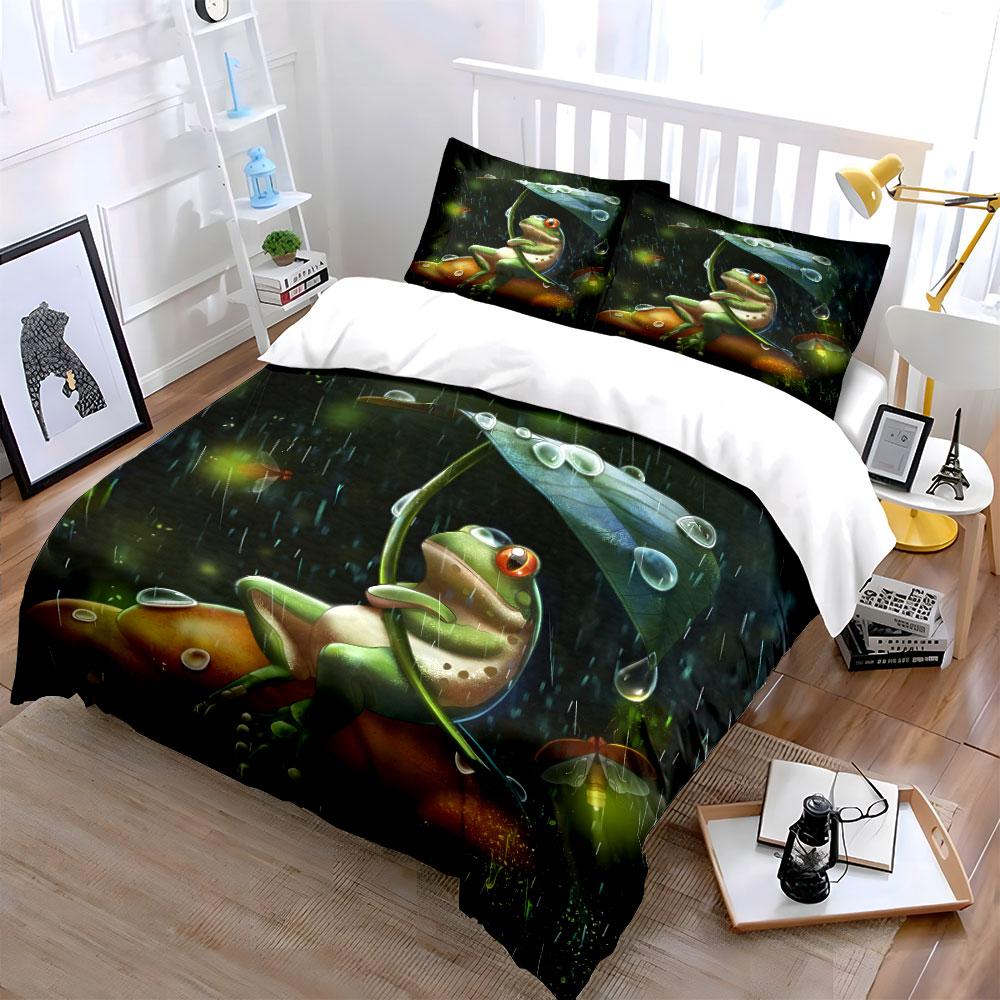 "Frog with Leaf in Rain Set" Bedding Duvet Cover Set Duvet Cover Pillowcases (1 * Duvet Cover 2 * Pillowcases, without duvet insert)