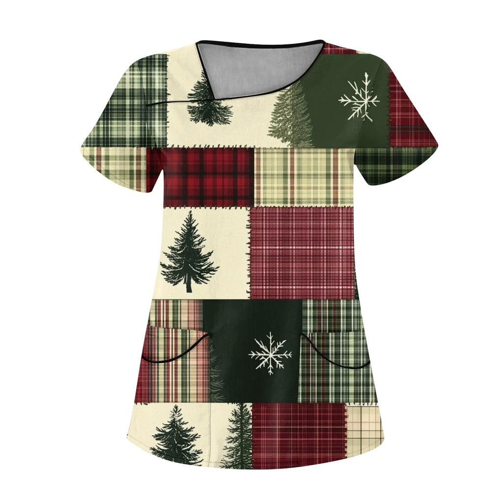 Женская рабочая одежда с рождественским принтом, покатый воротник и двухслойные карманы, базовый пуловер сверху