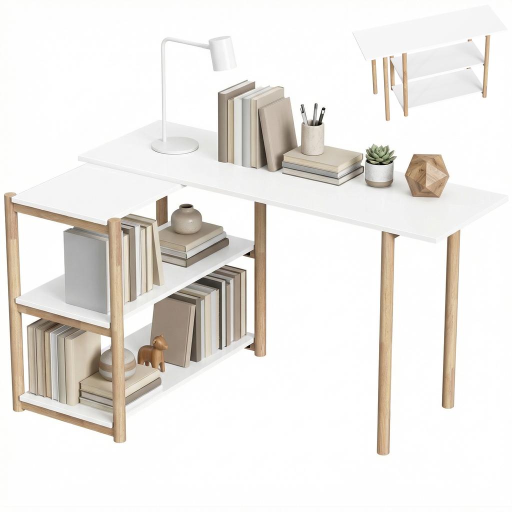 Computer Desk With Storage Shelves Modern Writing Desk Bamboo Frame For Home Office 150 Cm White And Oak