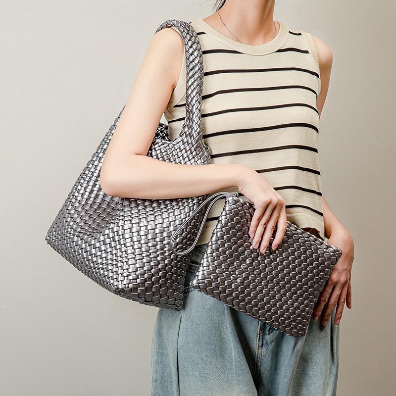 New hand-woven large-capacity PU leather women's bag, casual handbag, mother-and-daughter shoulder bag, wholesale
