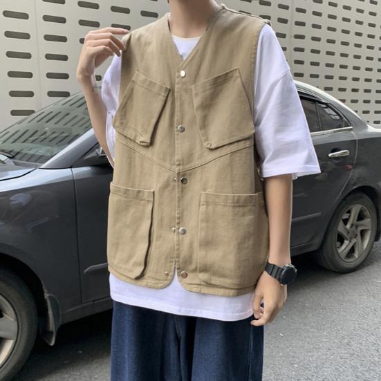 Мужской жилет-карго без рукавов, однобортный дизайн с карманами, спортивный однотонный жилет, уличная уличная одежда