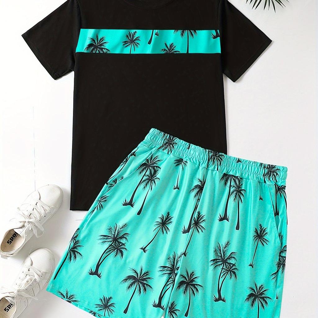 Мужской комплект из 2 предметов с изображением тропической пальмы — удобная футболка с круглым вырезом и спортивные штаны на шнурке, идеально подходят для летней повседневной одежды
