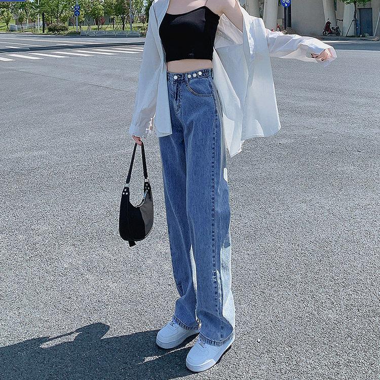 Модные универсальные синие женские широкие прямые джинсы, тонкие джинсовые брюки с высокой талией и пуговицами, свободные брюки