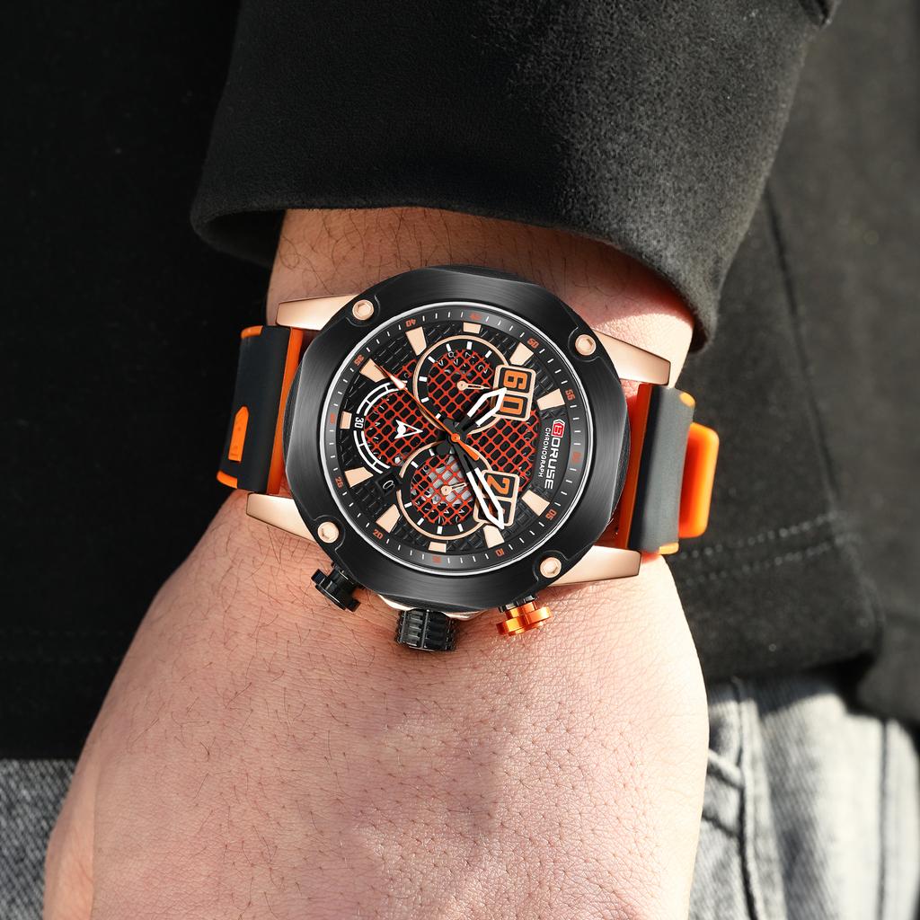 BORUSE Large Dial Men's Watch Sports Chronograph Waterproof Quartz Watch Luxury Leisure Watch Simulate Hollow Men's Watch Silicone Strap Watch for Men