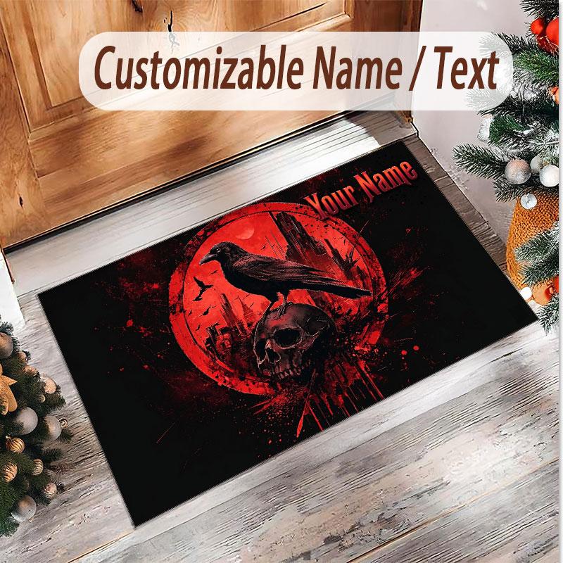 Skull Gothic Theme Soft Crystal Velvet Rug Custom Name & Text Print Non Slip Floor Rug for Bedroom Living Room