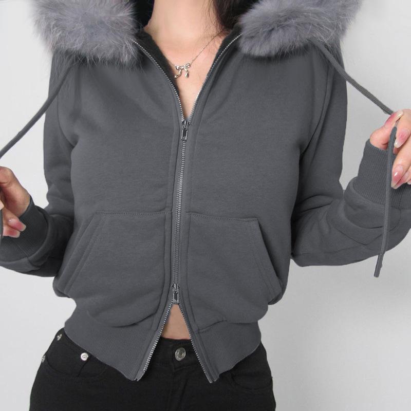 Goth Dark Streetwear Толстовки с капюшоном с воротником из искусственного меха с двойной молнией Пальто с капюшоном Женские повседневные куртки в готическом стиле с карманами Y2K Grunge Fall Cardigan