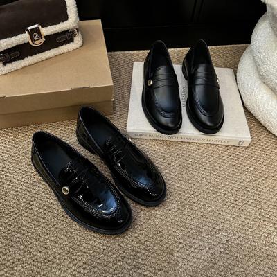 Британские маленькие кожаные туфли женские новые с круглым носком ретро для работы на одной педали на толстом каблуке