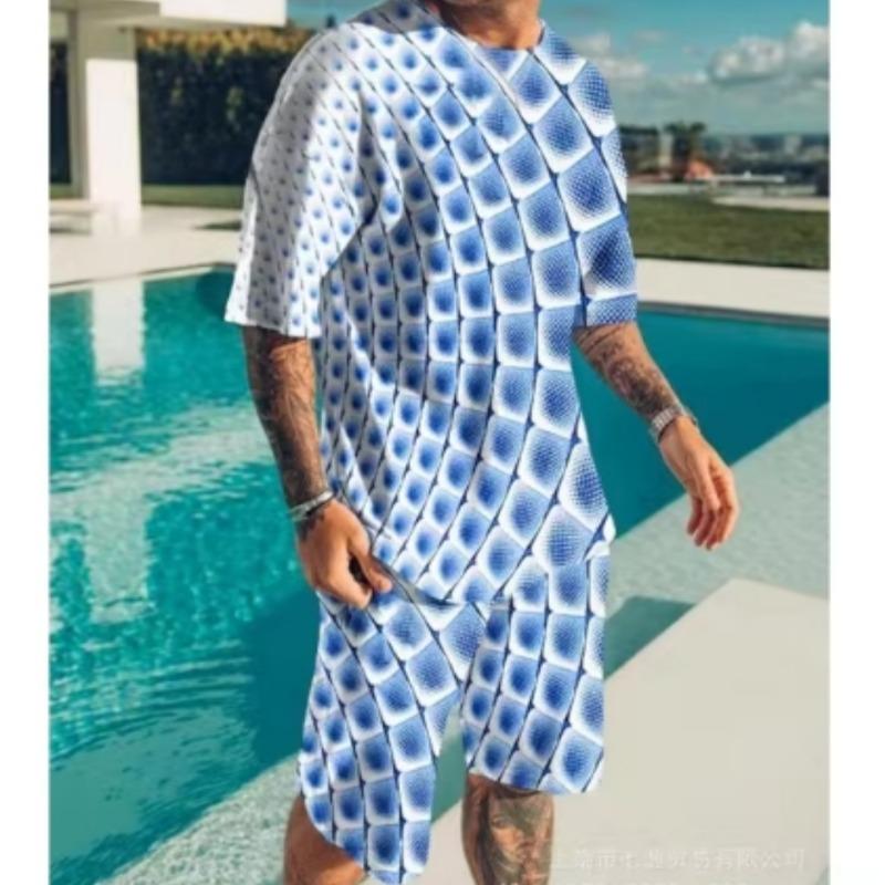 Мужской повседневный комплект из шорт с разноцветным 3D-цифровым принтом в виде леопардового топа с коротким рукавом + пляжные брюки