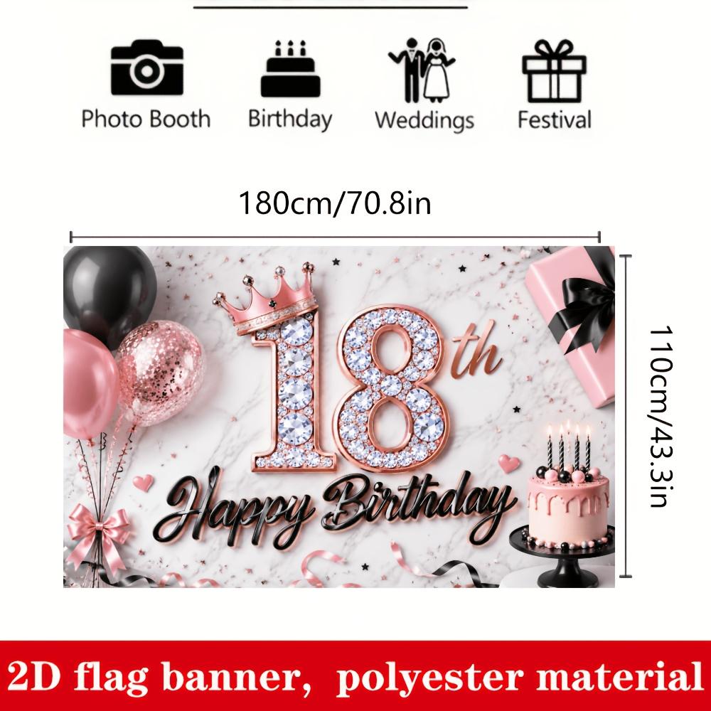- 1 piece of 2D flag, a banner background for 18th birthday party, rose gold with diamond-encrusted number 18 theme, yzb
