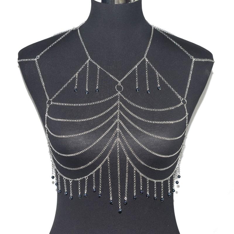 Womens Geometric Body Chain With Tassels Beads Adjustable Metal Chest Festival Party Stage Outfit