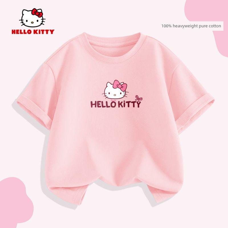 Детская футболка с коротким рукавом Hello Kitty Лето 2026 Новая универсальная розовая детская футболка Модный тренд лета для девочек