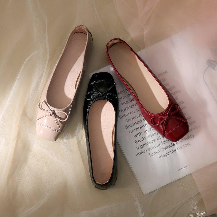 Bowknot Flat Single Shoes Women's Spring Nude Patent Leather Soft Bottom Shoes