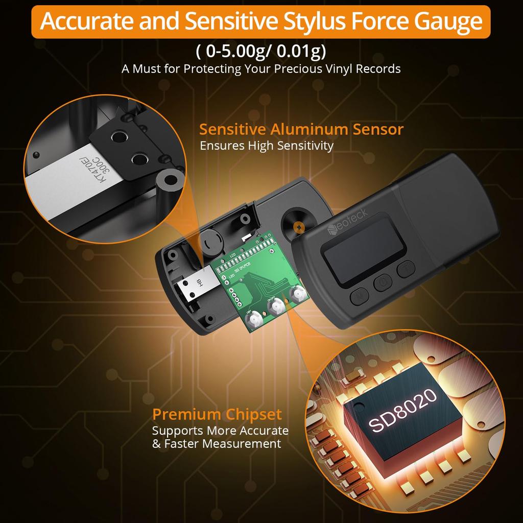 Neoteck Модернизированный цифровой проигрыватель с шкалой силы иглы с оранжевым ЖК-дисплеем 0,01 г/5,00 г с подсветкой(Серебряный)