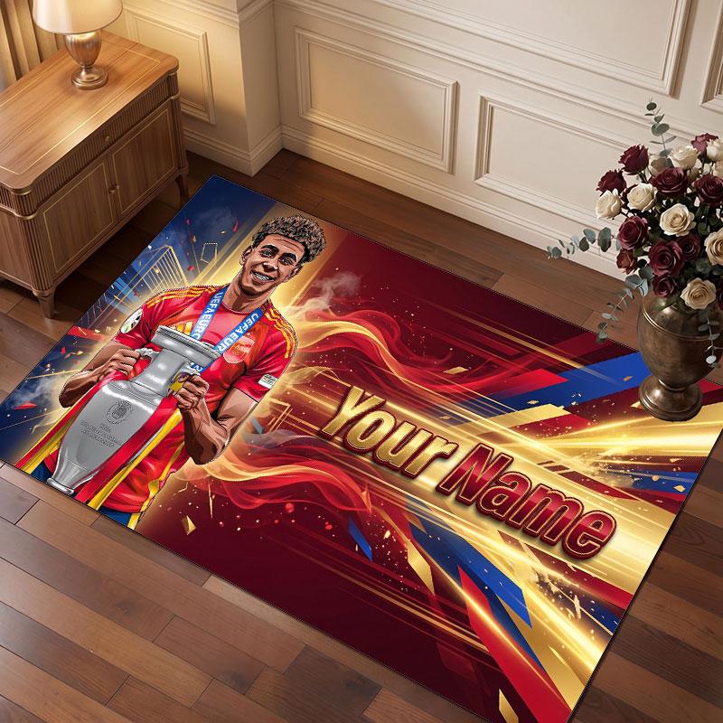 Lamine Yamal Custom Crystal Velvet Rug, Personalized Name Text Print, Football Logo Soft Non‑Slip Floor Mat Home Decor Gift