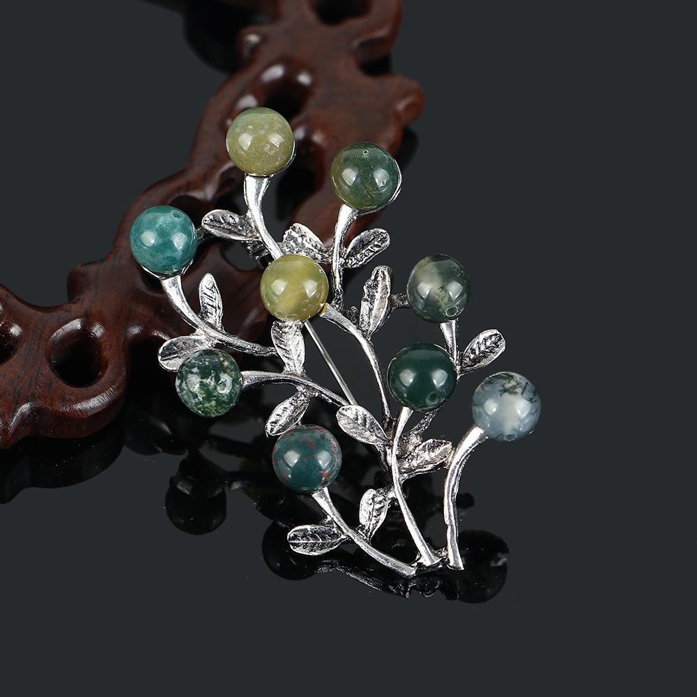 Retro Natural Agate Brooch High-end Classical Temperament Literary and Versatile Plant Pin Coat Cardigan Corsage Accessories