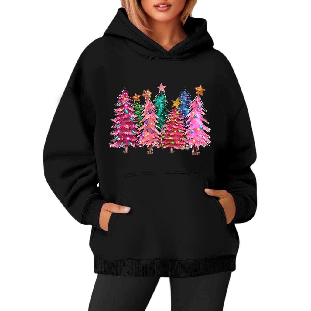 Women's Sweatshirts O-neck Long Sleeve Christmas Printed Top Solid Color Hoodie