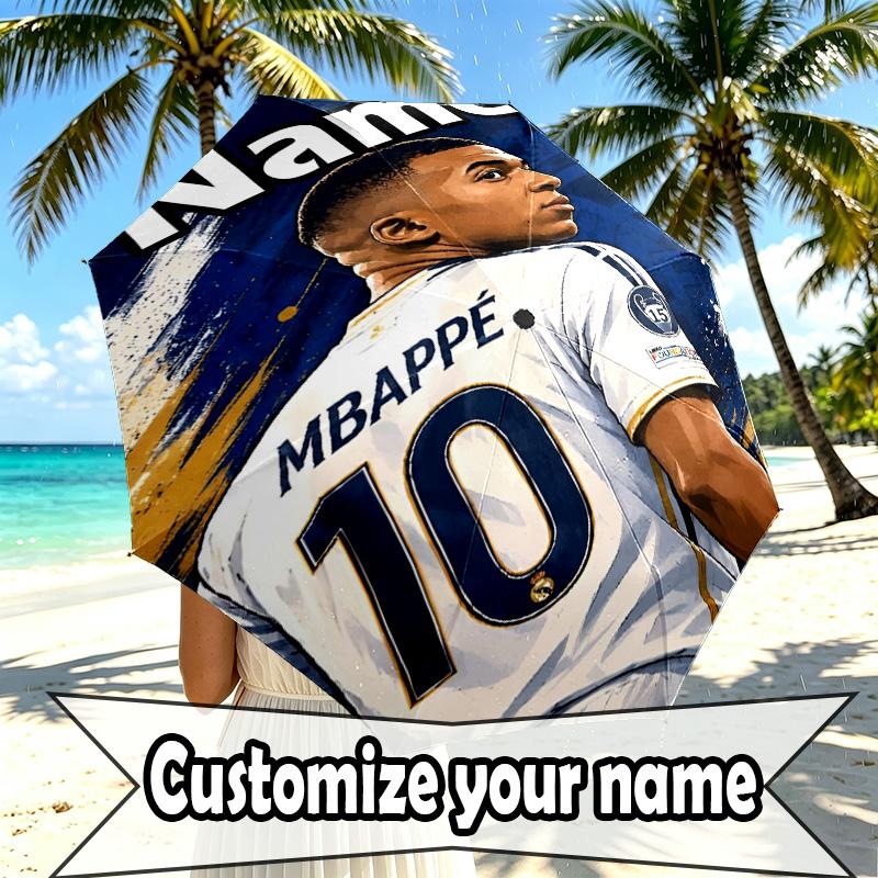 Custom Name Personalized Kylian Mbappe Print Umbrella, Auto Open Close, 8‑Rib Sturdy Frame, Commute Camping Hiking Use, Birthday Gift