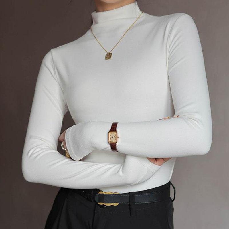 Осенне-зимняя женская нижняя рубашка с воротником до середины шеи и мягкой подкладкой, тонкая однотонная нижняя одежда, черная узкая блузка с длинными рукавами